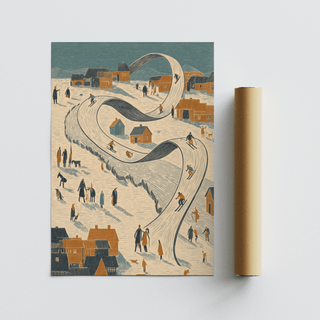 Rustic cottages in Snow Scene Wall Art for dining room, beige and blue