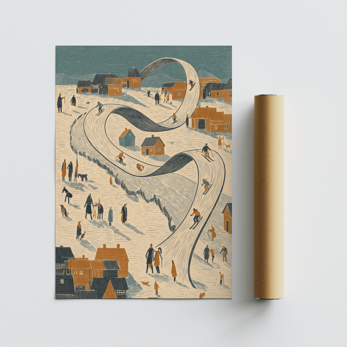 Rustic cottages in Snow Scene Wall Art for dining room, beige and blue
