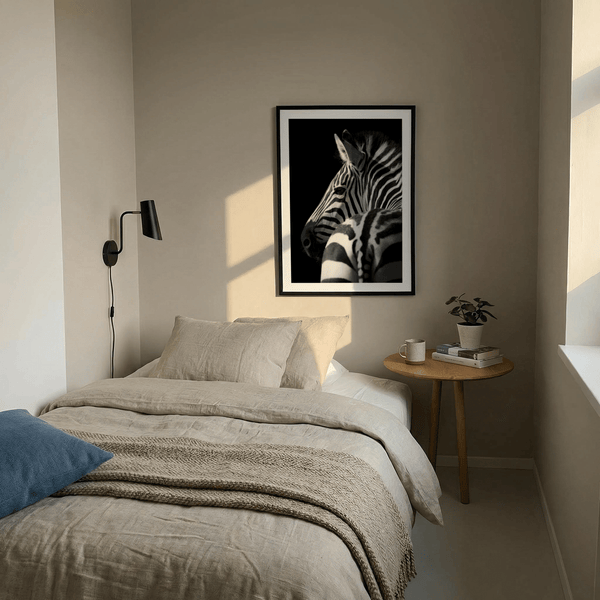 Detailed mane texture zebra wall art print in monochrome photography style