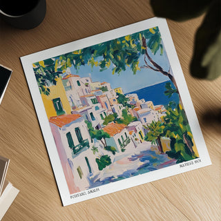 White buildings and colorful roofs create contrast in this Positano Art piece.