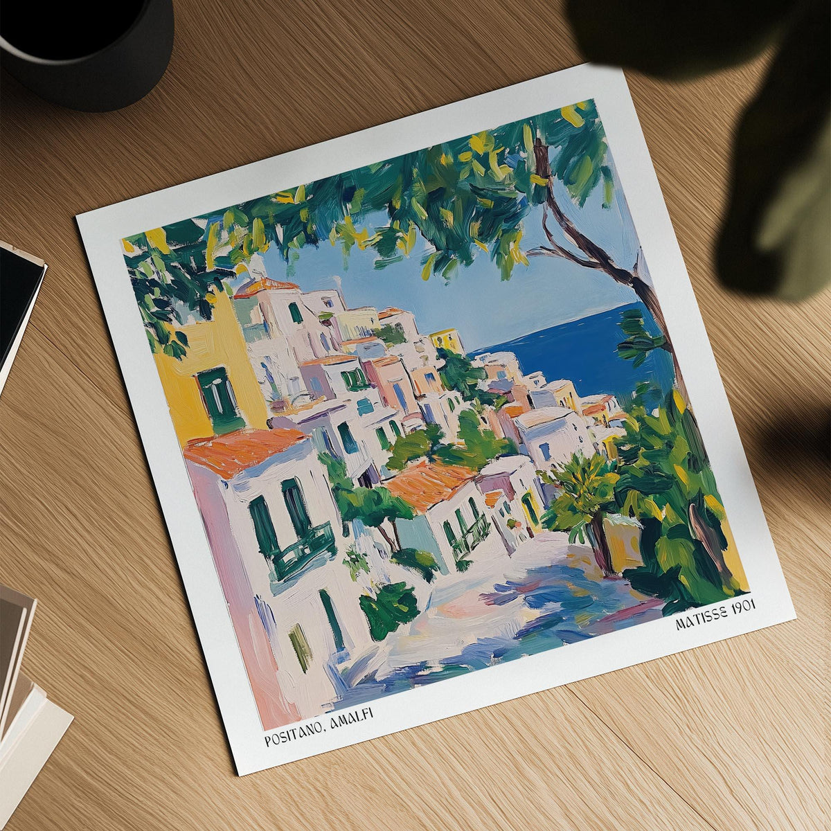White buildings and colorful roofs create contrast in this Positano Art piece.