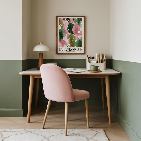 Minimalist workspace featuring the floral abstract print above a wooden desk.