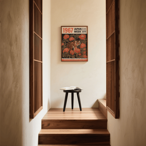 Japandi Interior featuring a Vintage Asian Wall Art of a tiger in the Jungle