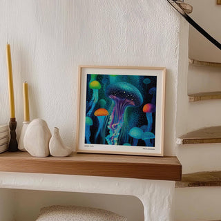 Square-format abstract jellyfish print ideal for modern living rooms