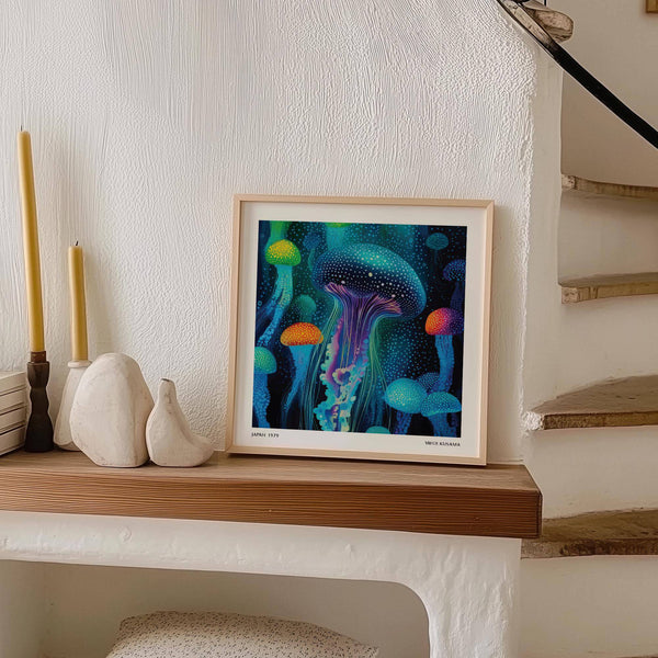 Square-format abstract jellyfish print ideal for modern living rooms