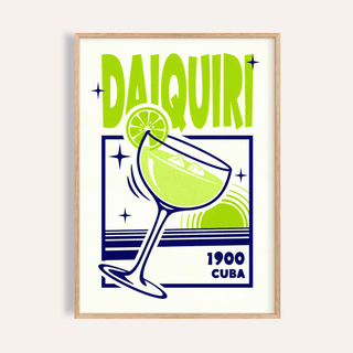 Framed Daiquiri art print with lime green and navy illustration in a minimalist style