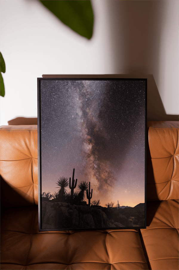 Cactus Night Print art print featuring desert scene in Black, Pink, Purple, Yellow for bedroom