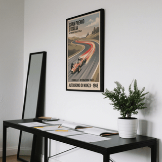 Detail poster of the lower text “Autodromo di Monza - 1963” with racing car in the foreground