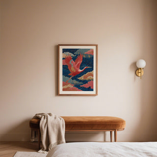 Traditional crane artwork in a Vintage Japanese Print with gold and red tones.