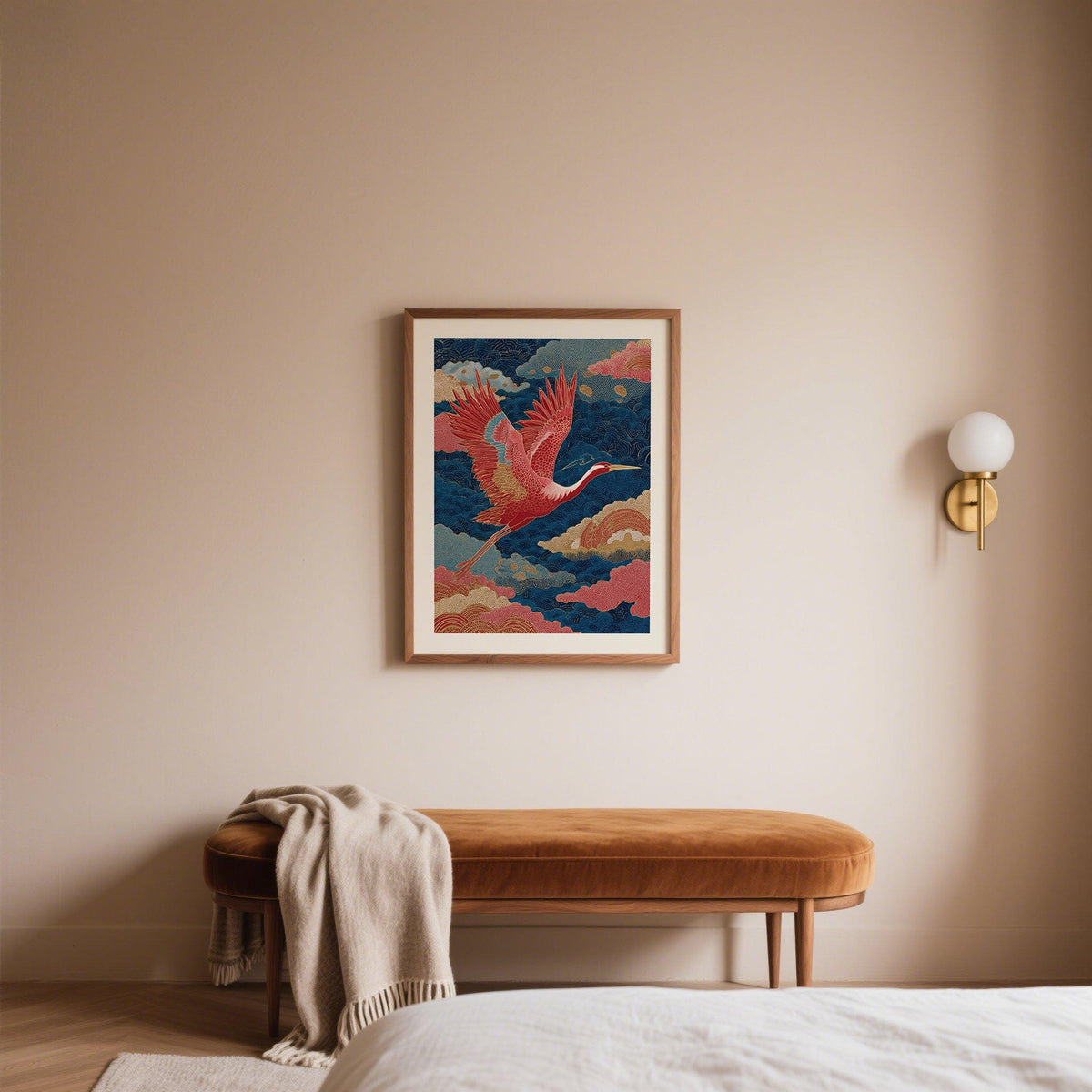 Traditional crane artwork in a Vintage Japanese Print with gold and red tones.