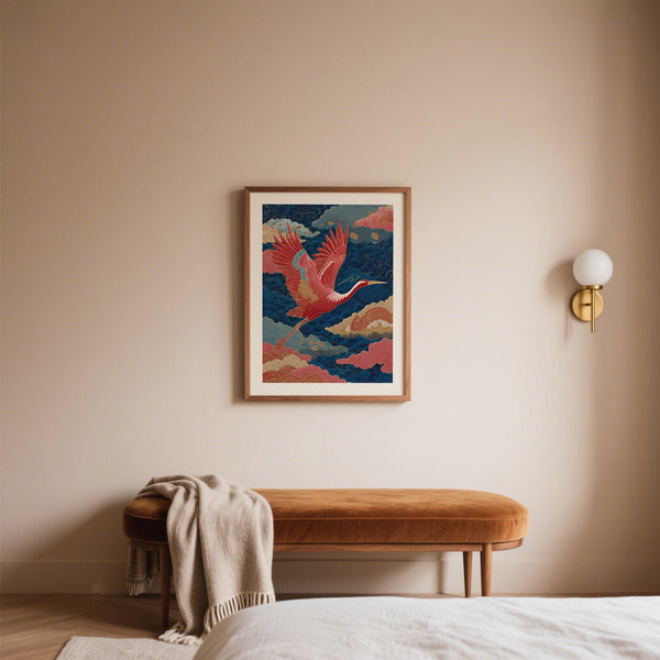Traditional crane artwork in a Vintage Japanese Print with gold and red tones.