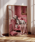 Dalmatian Art Print with Pink drapery, perfect for bedroom wall art