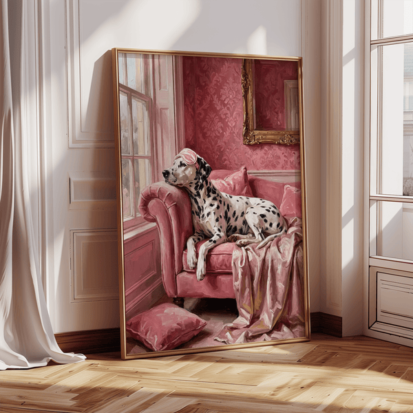 Dalmatian Art Print with Pink drapery, perfect for bedroom wall art
