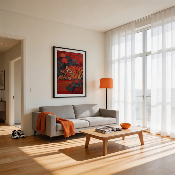 Indian Tiger Wall Art design highlighting tiger stripes against intricate ornamental patterns