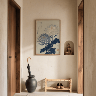 Chrysanthemum Art Print with Gray background and Blue details for bathroom art