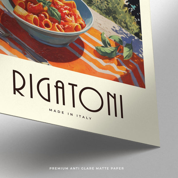 Pasta artwork showcasing rigatoni on a terrace above an Italian port town.