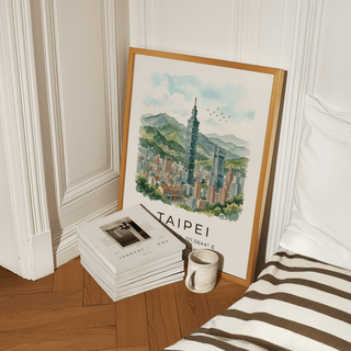 Minimal typography poster print reading Taipei with latitude and longitude coordinates