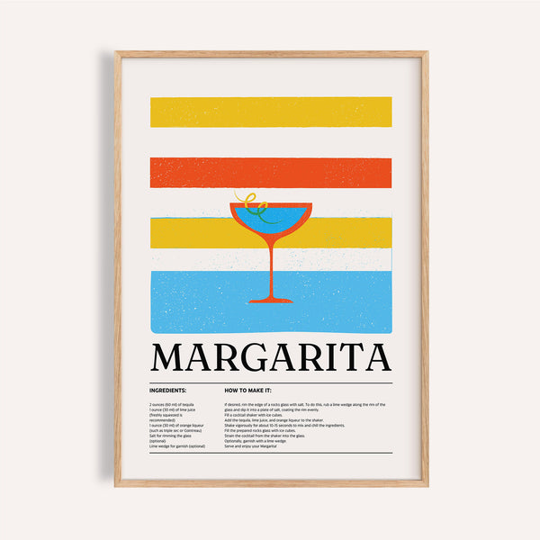 Margarita wall art with yellow, orange, and blue retro stripes

