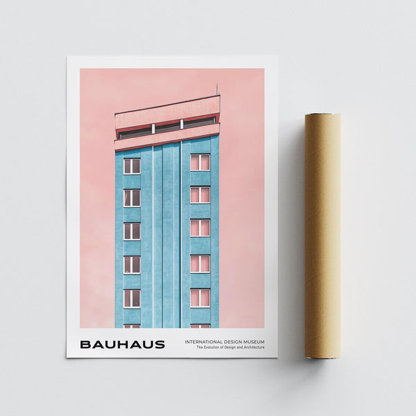 Pink and Blue Mid Century Modernist Art with high rise building