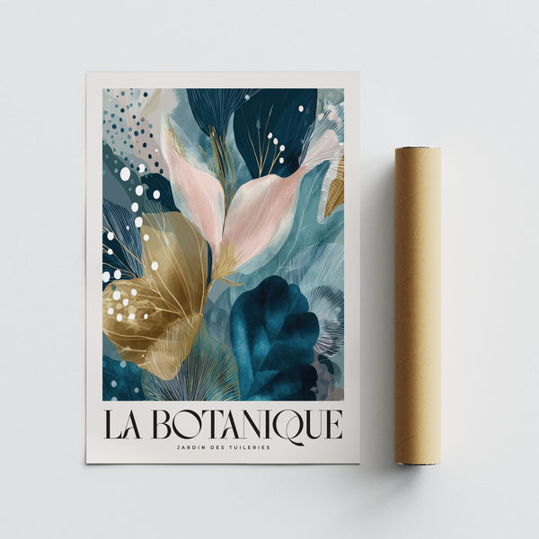 Abstract botanical artwork in teal and gold tones for contemporary interiors