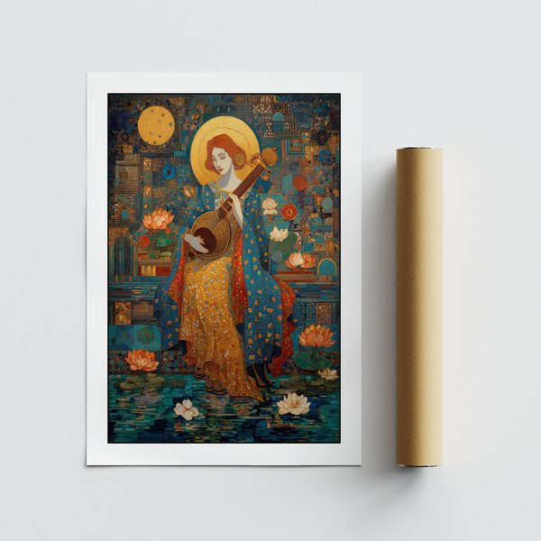 Indian cultural print of musician centered within patterned tiles