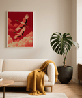 Cranes Flying Wall Art, modern red colors, bedroom, wall art