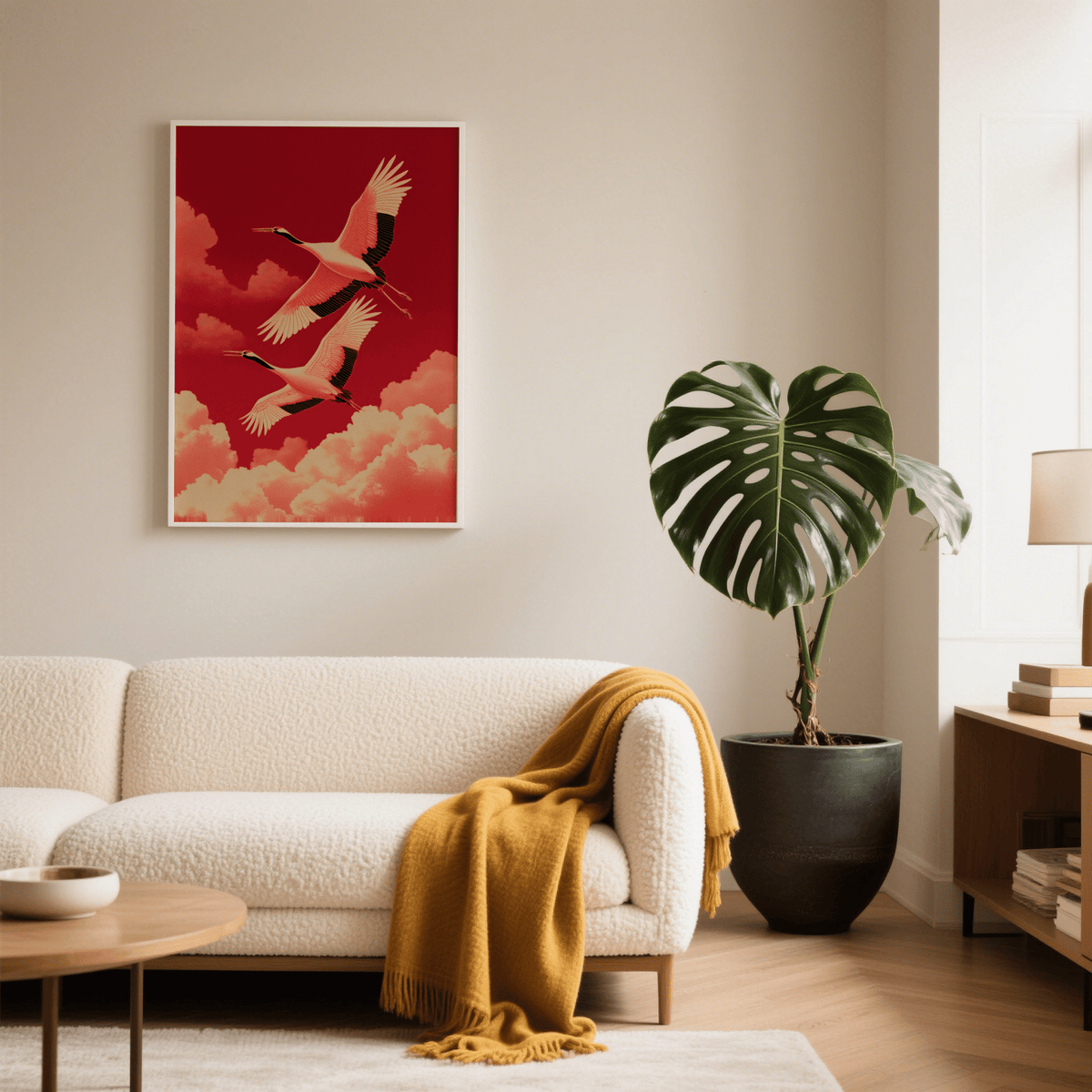 Cranes Flying Wall Art, modern red colors, bedroom, wall art