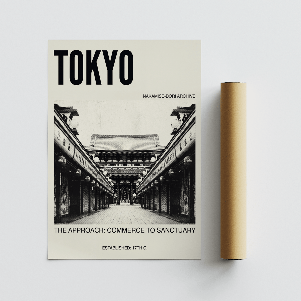 Museum-style travel wall poster showing a long street approach and bold headline typography
