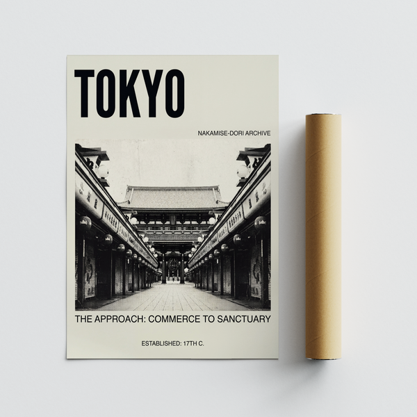 Museum-style travel wall poster showing a long street approach and bold headline typography