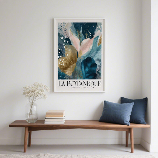 Botanical wall art print with teal leaves and shimmering gold design