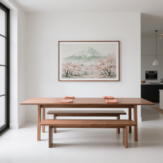 Dining area with wooden table and benches, framed artwork on the wall.