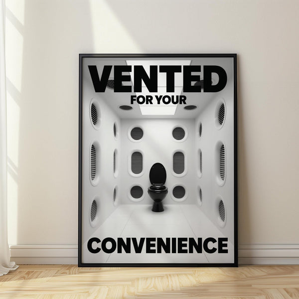 Minimalist white bathroom with many vents featuring a Funny Toilet Sign.