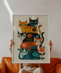Retro-inspired Colorful Cat Wall Art in multicolored tones for bedroom decoration