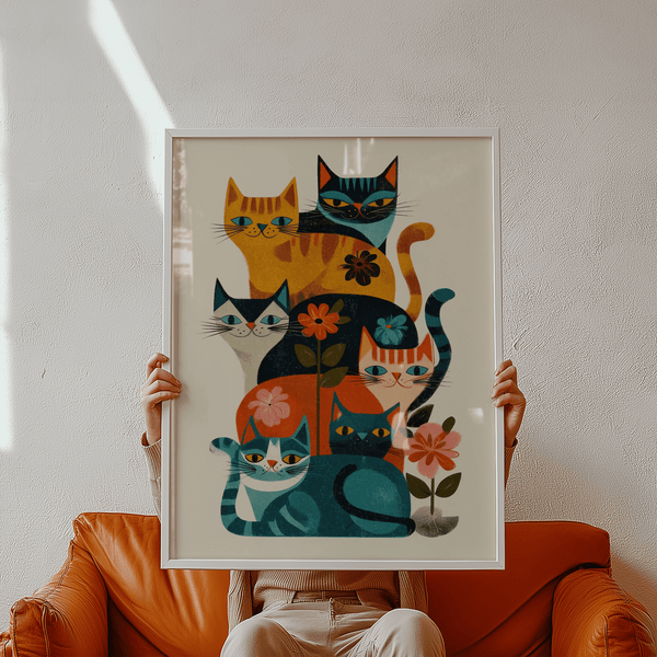 Retro-inspired Colorful Cat Wall Art in multicolored tones for bedroom decoration