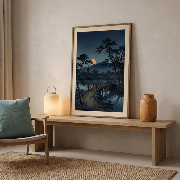 Blue night landscape print of a quiet river path beside a bridge