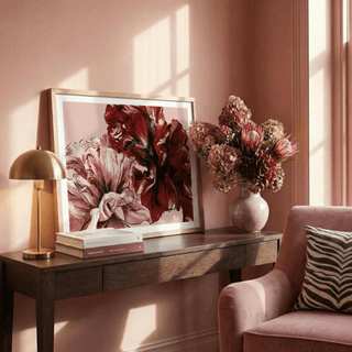 Framed wall art mockup featuring Pink Floral Print above console