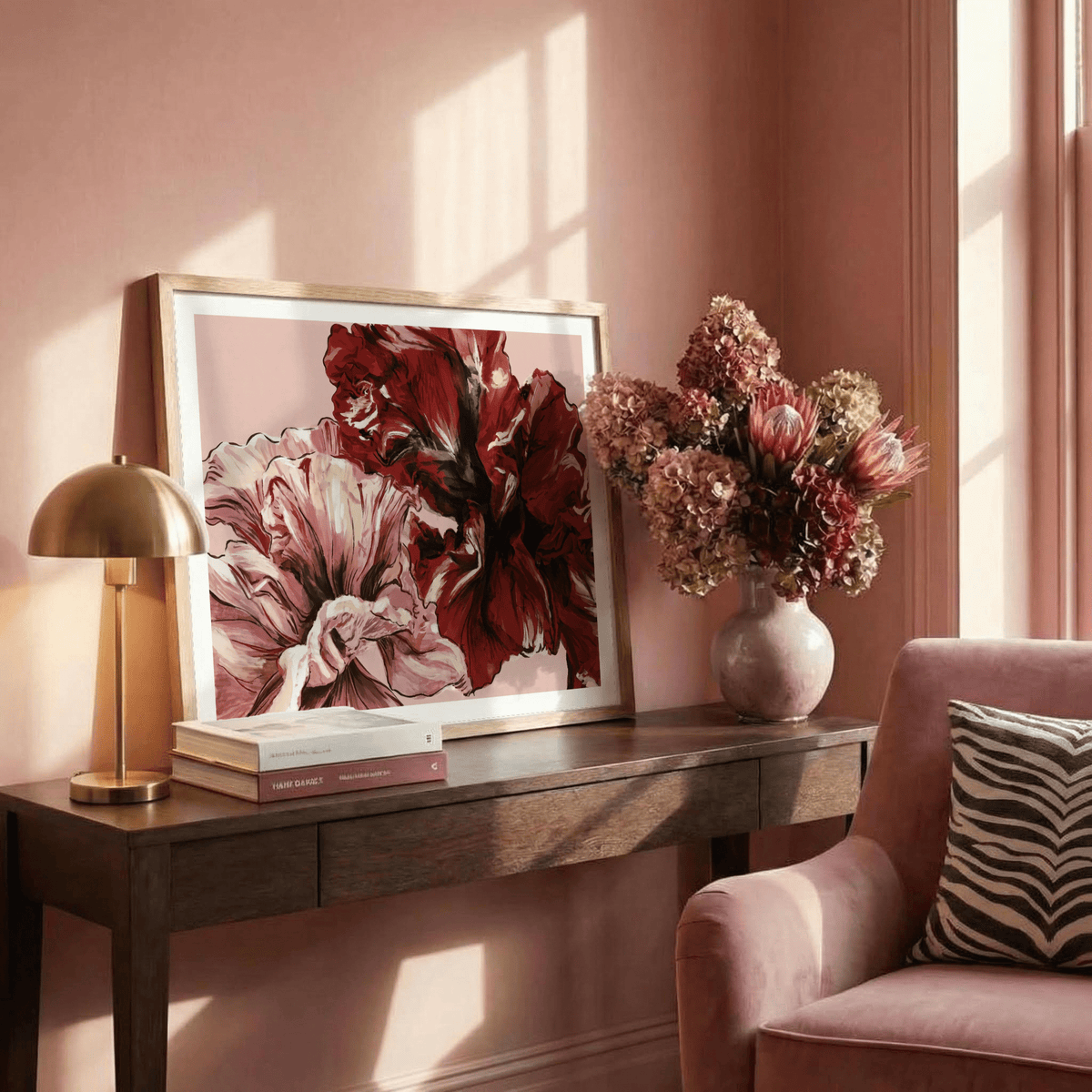 Framed wall art mockup featuring Pink Floral Print above console
