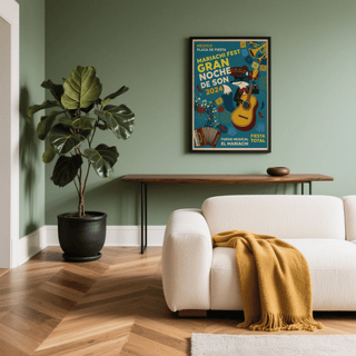 Concert-style wall art print with guitar, sombrero, and decorative banners