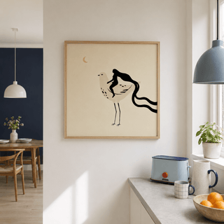 Graphic wall art print of white bird with dotted markings and flowing hair shape