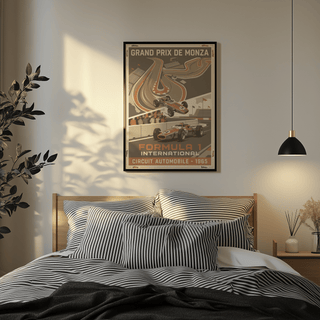 Angle crop of vintage Formula 1 car wall art print showing front car perspective and track-side barrier
