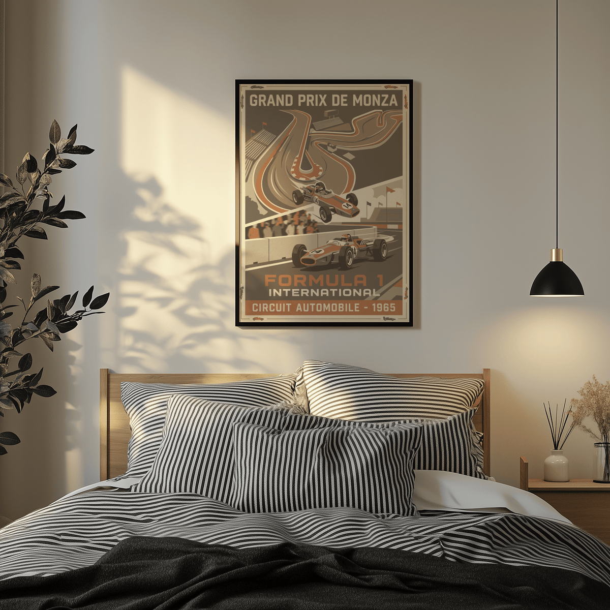 Angle crop of vintage Formula 1 car wall art print showing front car perspective and track-side barrier