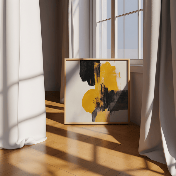 Modern Abstract Square Art Print featuring yellow and black colors for lounge