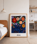 Patterned night-sky style poster print with lanterns, leaves, and star motifs