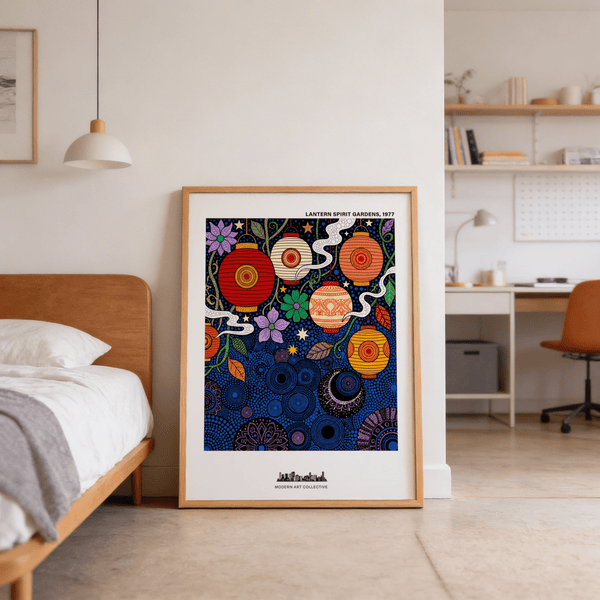 Patterned night-sky style poster print with lanterns, leaves, and star motifs