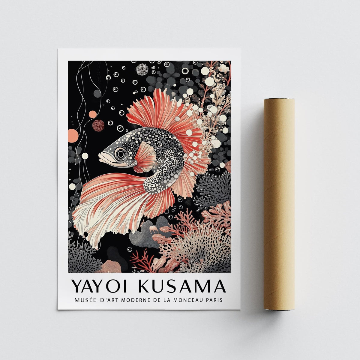 Oriental Asian wall art of fish and coral with floating bubble patterns