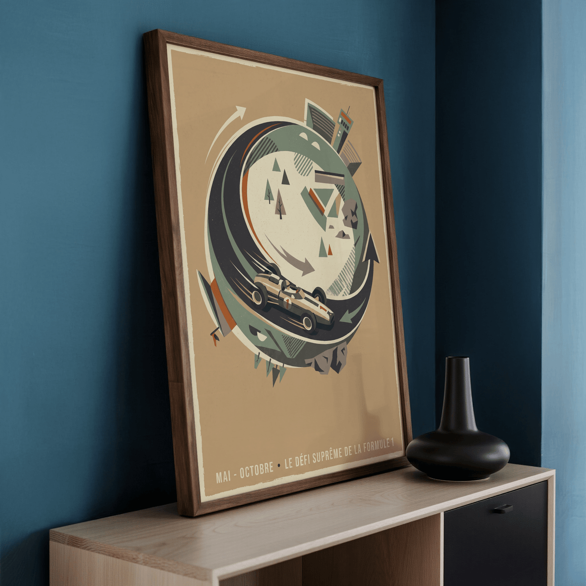 Detail of Retro Car Wall Art featuring sweeping circular roadway and layered arrow shapes