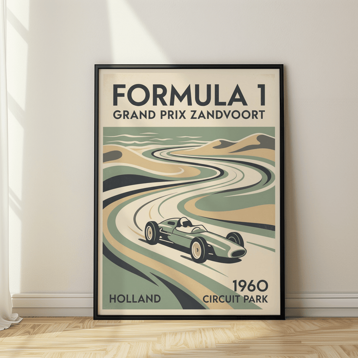Retro racing poster with sweeping circuit line, layered dunes, and classic race car detail
