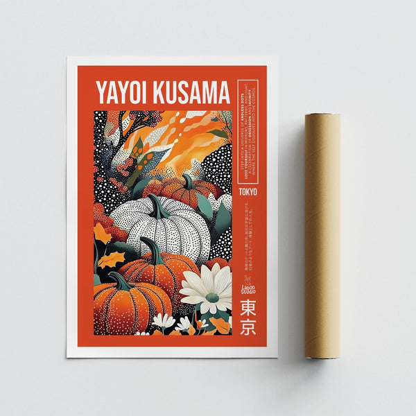 Dynamic dotted patterns and gourds in a scene inspired by Yayoi Kusama pumpkin print.