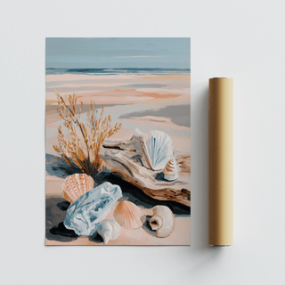 Coastal Shell Art print in Blue and Pink styled in a coastal living room