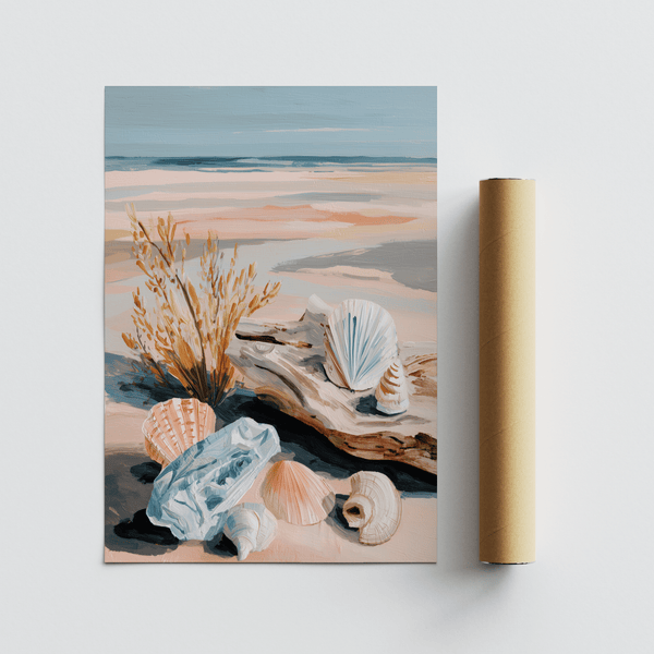 Coastal Shell Art print in Blue and Pink styled in a coastal living room